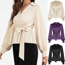 Elegant Solid Color V-neck Long Sleeve Shirt with Self-tie Strap
