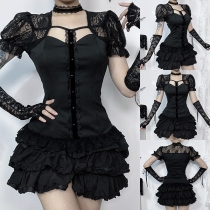 Fashion Lace Spliced Front Cutout Short Sleeve Shirt with Lace Choker