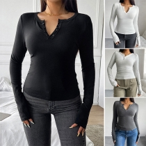 Fashion Button V-neck Long Sleeve Shirt
