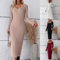 Elegant Solid Color V-neck Long Sleeve Bodycon Ribbed Dress