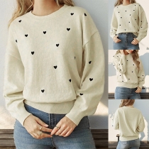 Sweet Style Heart Printed Crew Neck Long Sleeve Sweater