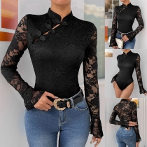 Vintage Mandarin Collar Long Sleeve Lace Bodysuit