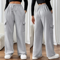 Casual Side Patch Pockets Elastic Drawstring Waist Sweatpants
