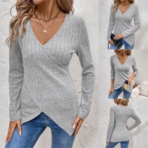 Fashion V-neck Long Sleeve Irregular Hemline Ribbed Shirt