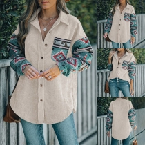 Vintage Floral Printed Stand Collar Long Sleeve Corduroy Blouse