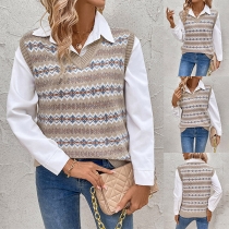 Vintage V-neck Sleeveless Jacquard Knitted Vest