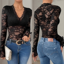 Sexy V-neck Long Sleeve Semi-through Lace Bodysuit