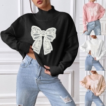 Fashion Mock Neck Long Sleeve Bowknot Embroidered Sweater