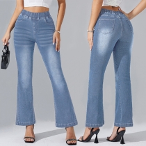 Fashion Elastic Waist Old-washed Denim Jeans