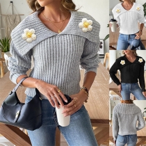 Fashion Lapel Floral Crochet Long Sleeve Knitted Sweater