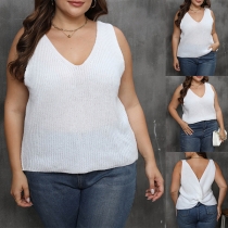 Fashion V-neck Back Knotted Ribbed Plus-size Sleeveless Shirt