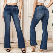 Fashion Elastic Waist  Old-washed Flared Jeans