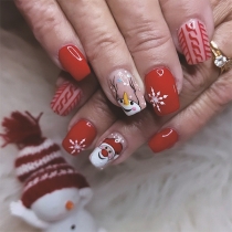Fashion 24-Piece Red Snowman and Reindeer Fake Nails, Christmas Nail Art Set – for Festive Manicure