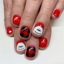 24-Piece Red Christmas Wearable Nail Art-Cute Red Plaid Snow Monsters Fake Nails for Festive Manicure