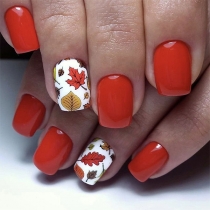 Simple Red/Orange Maple Leaf Design Short Wearable Nail Art Set for Thanksgiving