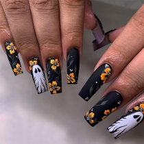 Halloween Press-On Nails – Floral Ghost Design Fake Nails