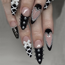 Punk Fashion Heart, Bead, Rivet Almond Shape Press-On Nails – Stylish False Nails
