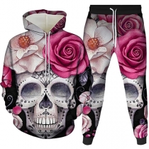 Skull and Rose Print Hoodie Set: Matching Pants Included