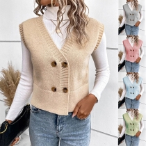 Fashion Double-breasted V-neck Sleeveless Knitted Cardigan