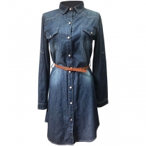 Fashion Stand Collar Long Sleeve Patch Pockets Old-washed Denim Dress with Belt