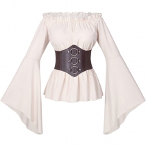 Vintage Ruffle Off-the-shoulder Trumpet Long Sleeve Shirt with O-ring Artificial Leather PU Girdle
