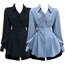 Fashion Stand Collar Long Sleeve Front Button Blouse