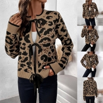Fashion Leopard Printed Crew Neck Long Sleeve Front Bowknot Cardigan