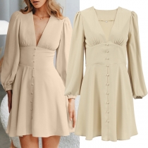 Fashion Solid Color V-neck Long Sleeve High-rise Front Button Mini Dress