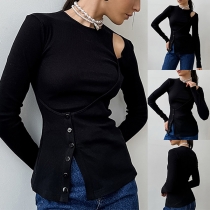 Fashion Solid Color Cutout Crew Neck Long Sleeve Side Button Slit Mock-two-piece Shirt