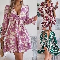 Fashion Floral Printed Self-tie V-neck Long Sleeve Mini Dress