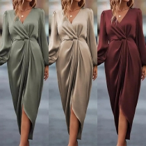 Fashion Solid Color V-neck Long Sleeve Front Slit Dress