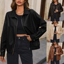 Fashion Stand Collar Long Sleeve Artificial Leather PU Jacket