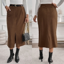 Elegant Vintage Corduroy Front Slit Back Zipper Skirt
