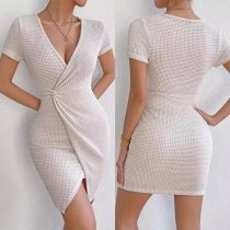 Fashion V-neck Short Sleeve Irregular Hemline Bodycon Dress