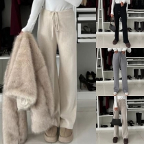 Fashion Solid Color Drawstring Waist Straight-cut Pants