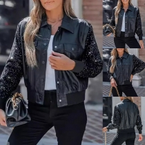 Fashion Bling-bling Long Sleeve Artificial Leather PU Crop Jacket