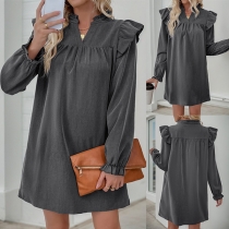 Fashion Mock Neck V-NecK Ruffle Long Sleeve Mini Dress