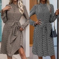 Fashion Floral Printed Mock Neck Long Sleeve Self-tie Dress