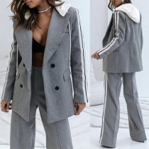 Fashion Contrast Color Stripe Printed Two-piece Set Consist of Double Breasted Hooded Jacket and Straight-cut Pants
