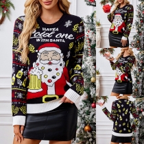 Fashion Beer Santa's Printed Crew Neck Long Sleeve Knitted Sweater for Christmas
