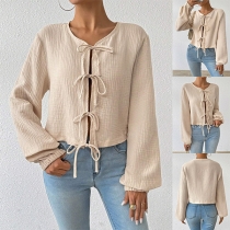 Fashion Crew Neck Long Sleeve Front Self-tie Bowknot Cardigan
