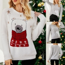 Fashion Cute Cartoon Pattern Crew Neck Long Sleeve Plush Shirt