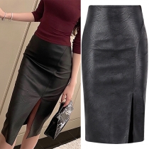Fashion High-rise Front Slit Artificial Leather PU Skinny Skirt
