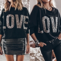 Fashion Sequined LOVE Pattern Crew Neck Long Sleeve Shirt