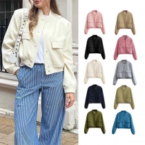 Fashion Solid Color Long Sleeve Crop Big Pocket Jacket