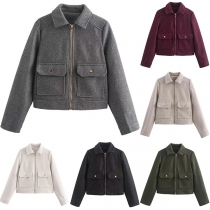 Fashion Stand Collar Long Sleeve Patch Pockets Front Zipper Duffle Jacket