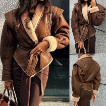 Fashion Lace-up Long Sleeve Lapel Irregular Hemline Plush Lined Self-tie Artificial Leather PU Jacket