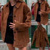 Vintage Solid Color Stand Collar Long Sleeve Big Pocket Jacket