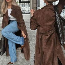 Fashion Notch Lapel Long Sleeve Long-line Brown Jacket