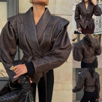 Fashion Cross-criss Lapel Long Sleeve Irregular Hemline Self-tie Artificial Leather PU Jacket